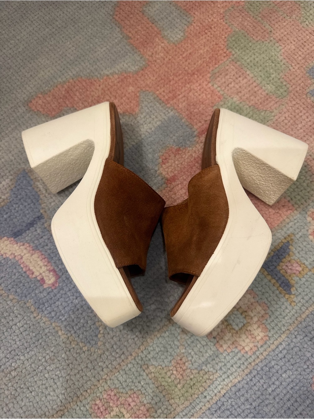 Free People Brown Suede Platform Mule Sandals with White Block Heel